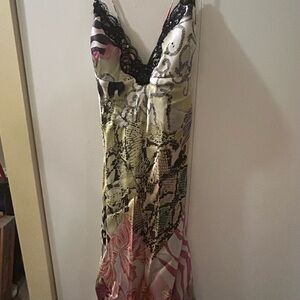 Neiman Marcus Black/Pink/Green Asymmetrical Dress with sequins and snake print